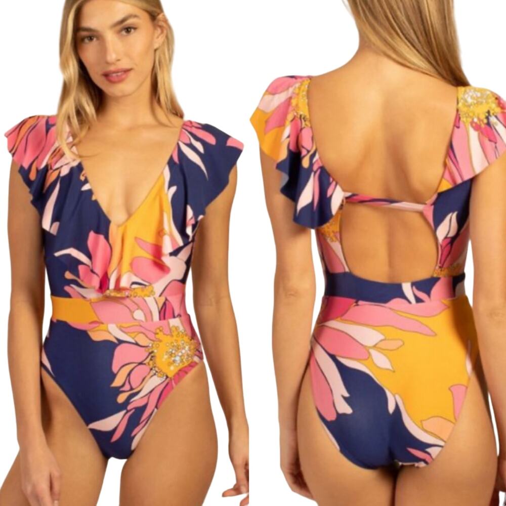 Trina Turk Breeze Ruffle One Piece Swimsuit Retro Floral Print V Neck NEW 12